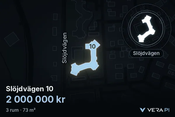 VERA PI's image of Slöjdvägen 10: the building in 3D, lit in blue, and the map around it