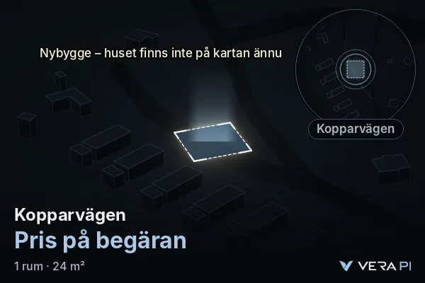 VERA PI:s bild av Kopparvägen: huset i 3D, upplyst i blått, och kartan runt omkring