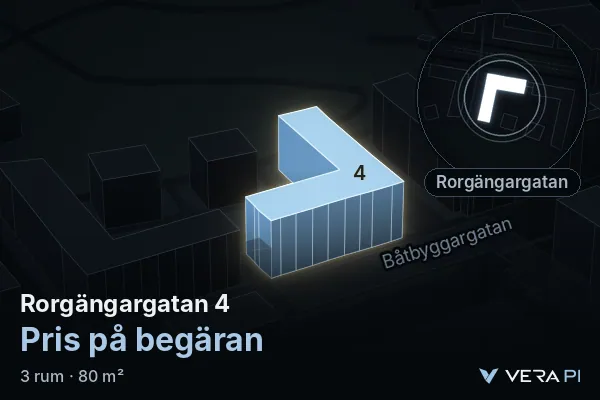 VERA PI:s bild av Rorgängargatan 4: huset i 3D, upplyst i blått, och kartan runt omkring