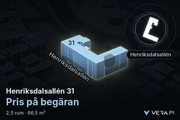 VERA PI:s bild av Henriksdalsallén 31: huset i 3D, upplyst i blått, och kartan runt omkring