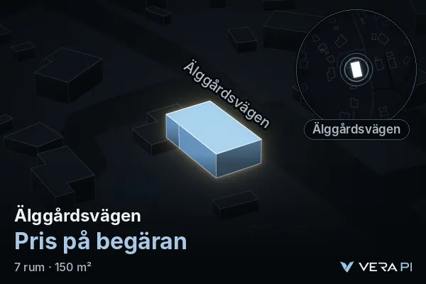 VERA PI:s bild av Älggårdsvägen: huset i 3D, upplyst i blått, och kartan runt omkring