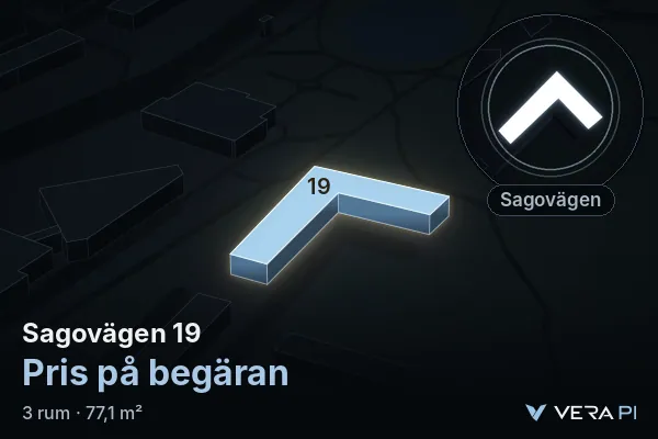 VERA PI:s bild av Sagovägen 19: huset i 3D, upplyst i blått, och kartan runt omkring