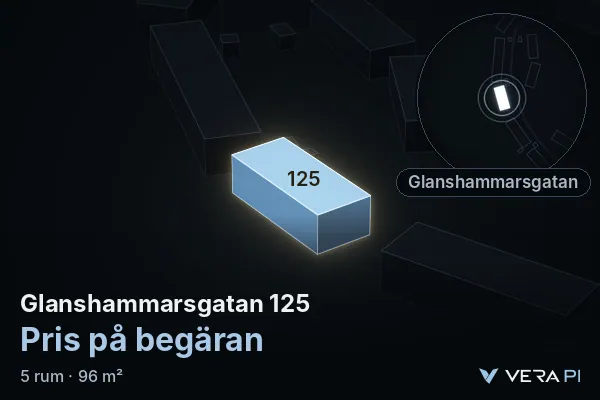 VERA PI:s bild av Glanshammarsgatan 125: huset i 3D, upplyst i blått, och kartan runt omkring