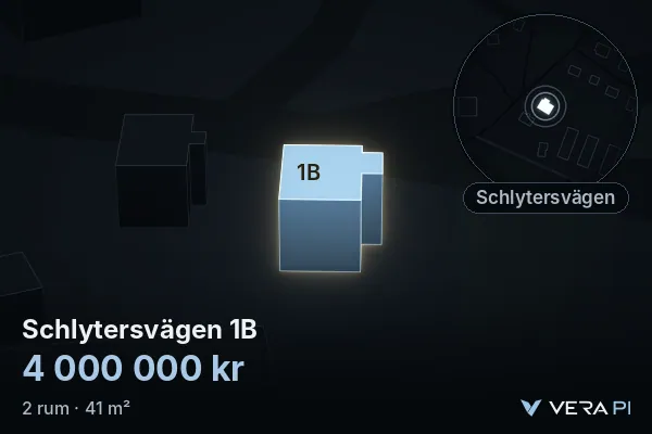 VERA PI's image of Schlytersvägen 1B: the building in 3D, lit in blue, and the map around it