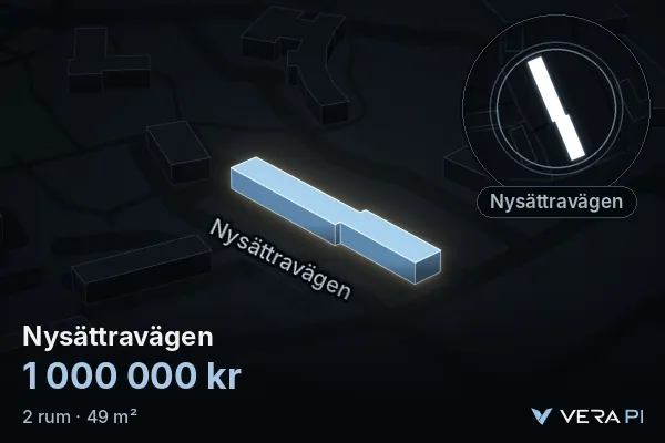 VERA PI:s bild av Nysättravägen: huset i 3D, upplyst i blått, och kartan runt omkring