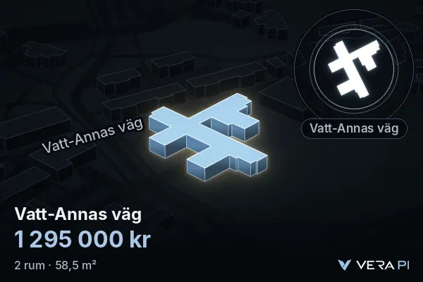 VERA PI:s bild av Vatt-Annas väg: huset i 3D, upplyst i blått, och kartan runt omkring