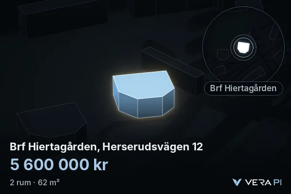 VERA PI's image of Brf Hiertagården, Herserudsvägen 12: the building in 3D, lit in blue, and the map around it