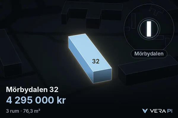 VERA PI:s bild av Mörbydalen 32: huset i 3D, upplyst i blått, och kartan runt omkring