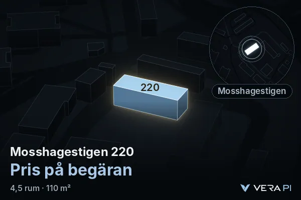 VERA PI:s bild av Mosshagestigen 220: huset i 3D, upplyst i blått, och kartan runt omkring