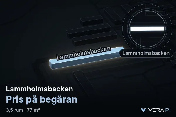VERA PI:s bild av Lammholmsbacken: huset i 3D, upplyst i blått, och kartan runt omkring