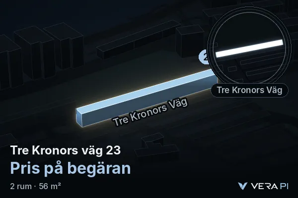 VERA PI:s bild av Tre Kronors väg 23: huset i 3D, upplyst i blått, och kartan runt omkring
