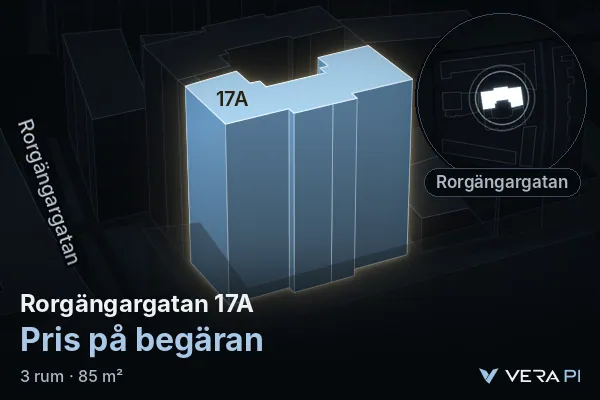 VERA PI:s bild av Rorgängargatan 17A: huset i 3D, upplyst i blått, och kartan runt omkring