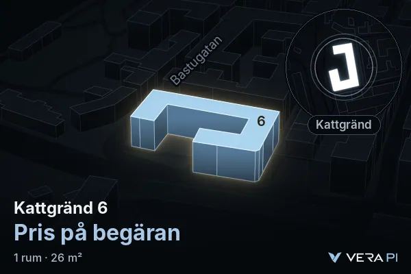 VERA PI:s bild av Kattgränd 6: huset i 3D, upplyst i blått, och kartan runt omkring