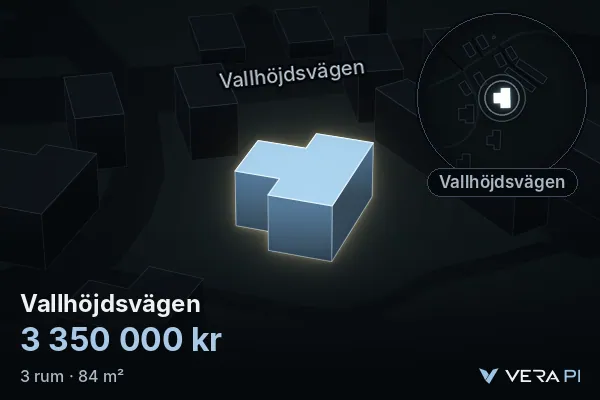 VERA PI:s bild av Vallhöjdsvägen: huset i 3D, upplyst i blått, och kartan runt omkring