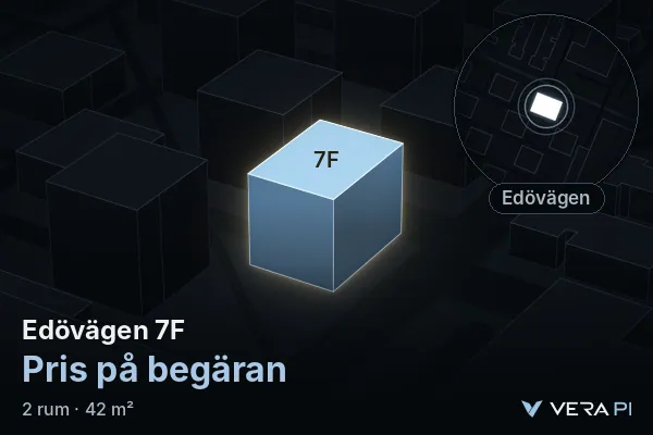 VERA PI:s bild av Edövägen 7F: huset i 3D, upplyst i blått, och kartan runt omkring