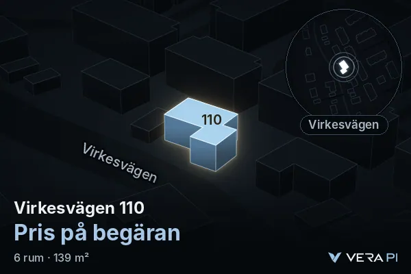 VERA PI:s bild av Virkesvägen 110: huset i 3D, upplyst i blått, och kartan runt omkring