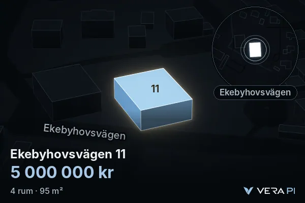 VERA PI:s bild av Ekebyhovsvägen 11: huset i 3D, upplyst i blått, och kartan runt omkring