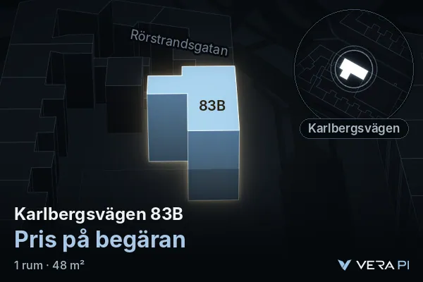 VERA PI:s bild av Karlbergsvägen 83B: huset i 3D, upplyst i blått, och kartan runt omkring