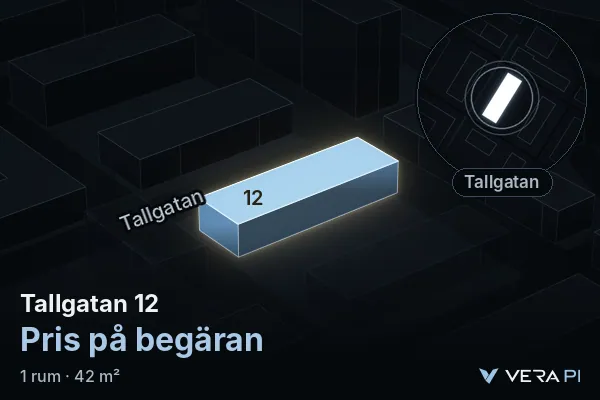 VERA PI:s bild av Tallgatan 12: huset i 3D, upplyst i blått, och kartan runt omkring