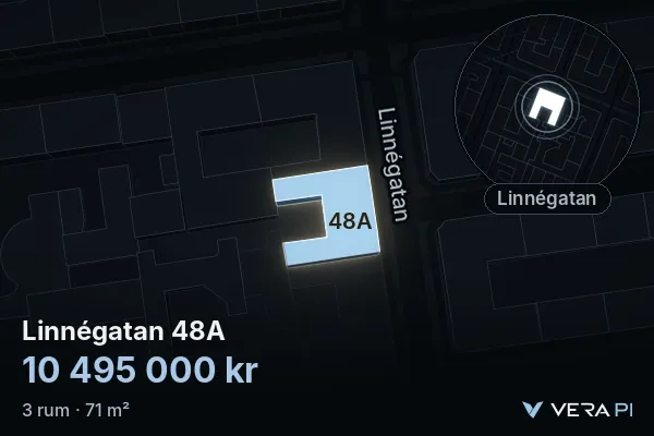 VERA PI:s bild av Linnégatan 48A: huset i 3D, upplyst i blått, och kartan runt omkring