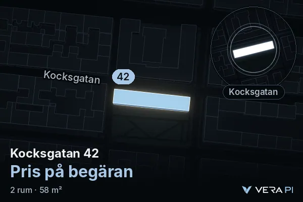 VERA PI's image of Kocksgatan 42: the building in 3D, lit in blue, and the map around it