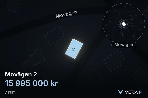VERA PI:s bild av Movägen 2: huset i 3D, upplyst i blått, och kartan runt omkring