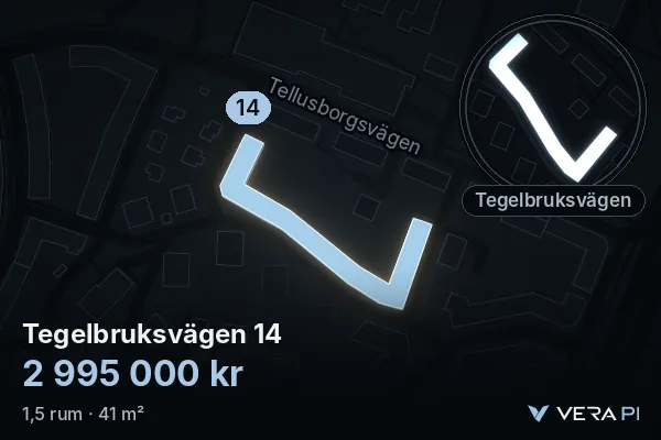 VERA PI:s bild av Tegelbruksvägen 14: huset i 3D, upplyst i blått, och kartan runt omkring