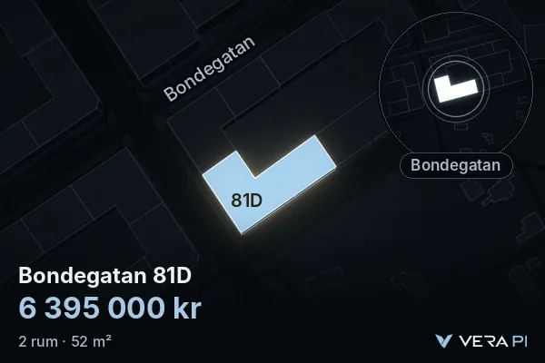 VERA PI:s bild av Bondegatan 81D: huset i 3D, upplyst i blått, och kartan runt omkring