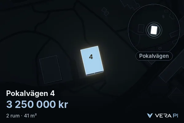 VERA PI:s bild av Pokalvägen 4: huset i 3D, upplyst i blått, och kartan runt omkring