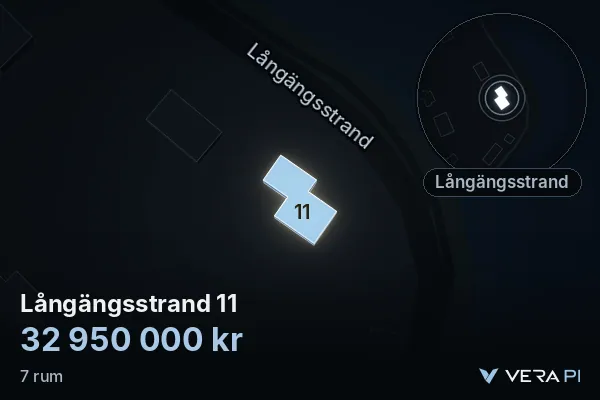 VERA PI's image of Långängsstrand 11: the building in 3D, lit in blue, and the map around it