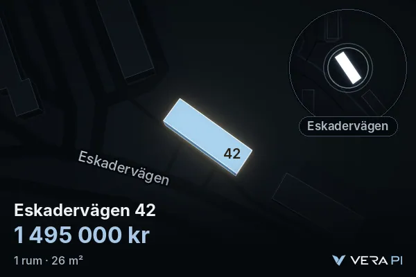 VERA PI:s bild av Eskadervägen 42: huset i 3D, upplyst i blått, och kartan runt omkring