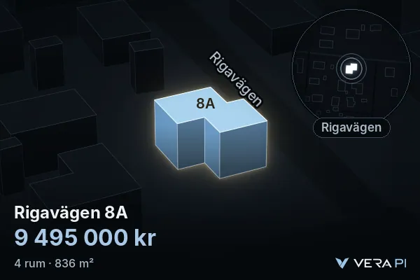 VERA PI's image of Rigavägen 8A: the building in 3D, lit in blue, and the map around it