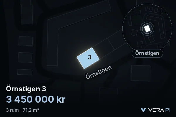 VERA PI:s bild av Örnstigen 3: huset i 3D, upplyst i blått, och kartan runt omkring