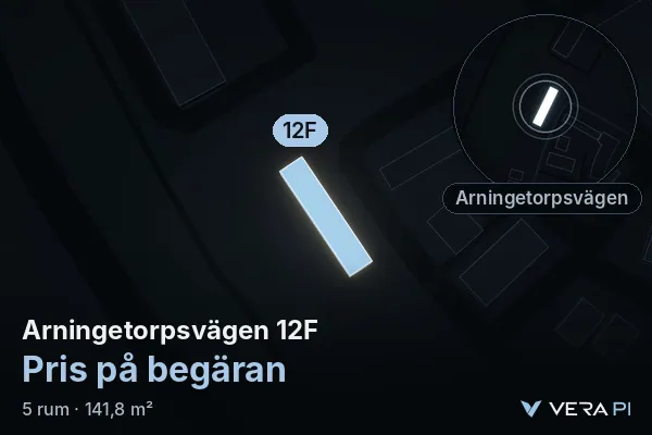 VERA PI:s bild av Arningetorpsvägen 12F: huset i 3D, upplyst i blått, och kartan runt omkring