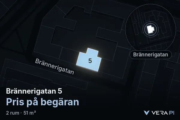 VERA PI's image of Brännerigatan 5: the building in 3D, lit in blue, and the map around it