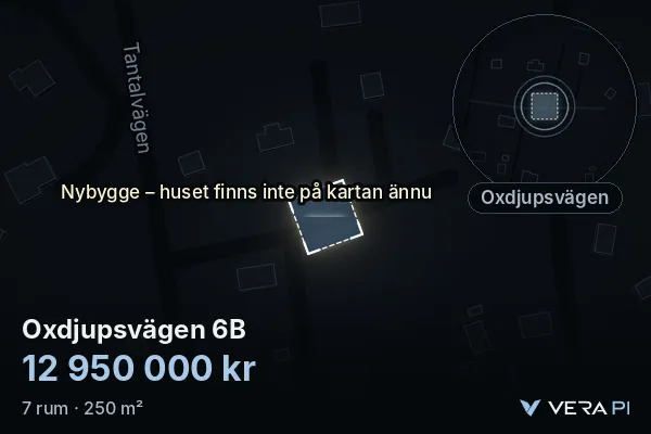 VERA PI's image of Oxdjupsvägen 6B: the building in 3D, lit in blue, and the map around it