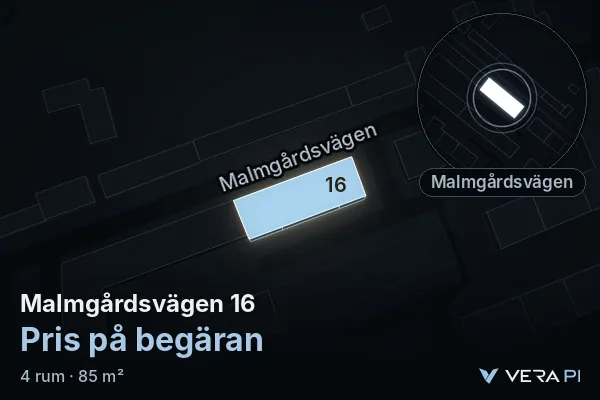VERA PI's image of Malmgårdsvägen 16: the building in 3D, lit in blue, and the map around it