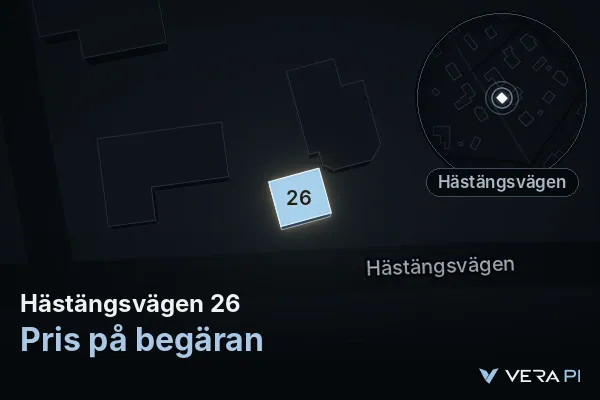 VERA PI's image of Hästängsvägen 26: the building in 3D, lit in blue, and the map around it