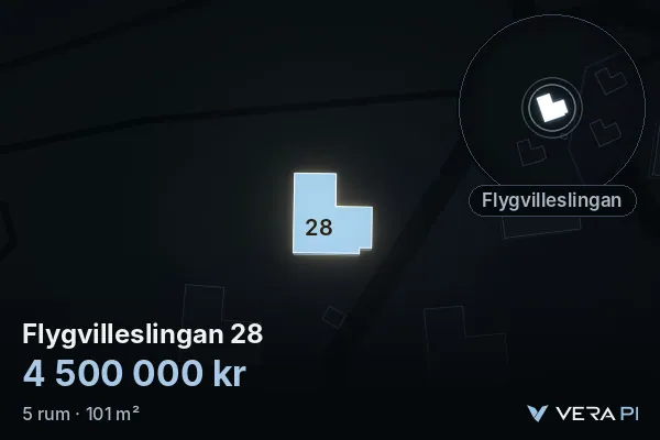 VERA PI:s bild av Flygvilleslingan 28: huset i 3D, upplyst i blått, och kartan runt omkring
