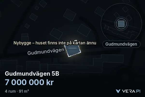 VERA PI's image of Gudmundvägen 5B: the building in 3D, lit in blue, and the map around it