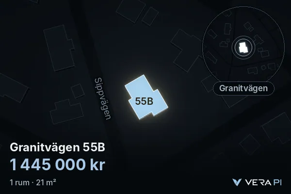 VERA PI:s bild av Granitvägen 55B: huset i 3D, upplyst i blått, och kartan runt omkring