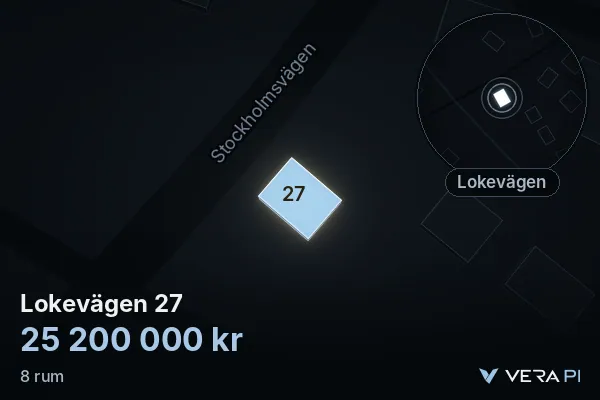 VERA PI's image of Lokevägen 27: the building in 3D, lit in blue, and the map around it