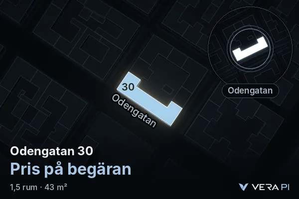 VERA PI's image of Odengatan 30: the building in 3D, lit in blue, and the map around it