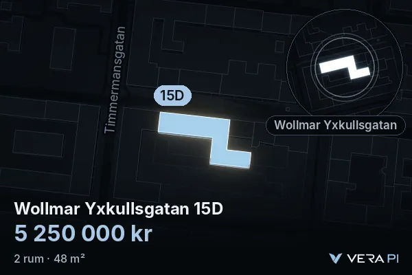 VERA PI:s bild av Wollmar Yxkullsgatan 15D: huset i 3D, upplyst i blått, och kartan runt omkring