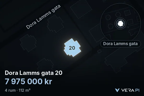 VERA PI:s bild av Dora Lamms gata 20: huset i 3D, upplyst i blått, och kartan runt omkring