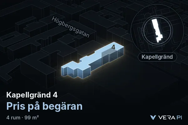 VERA PI's image of Kapellgränd 4: the building in 3D, lit in blue, and the map around it