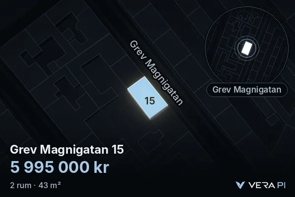 VERA PI:s bild av Grev Magnigatan 15: huset i 3D, upplyst i blått, och kartan runt omkring