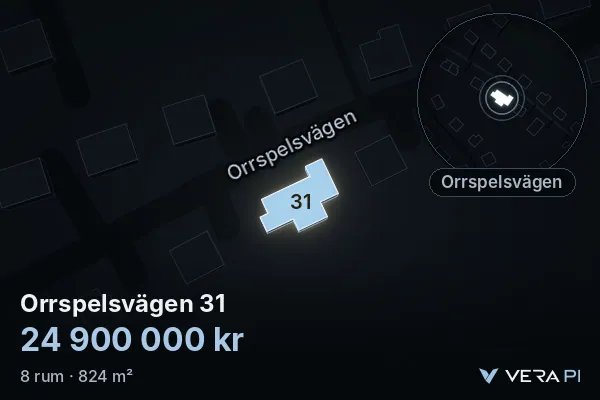 VERA PI:s bild av Orrspelsvägen 31: huset i 3D, upplyst i blått, och kartan runt omkring
