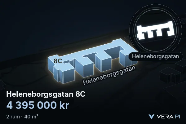 VERA PI:s bild av Heleneborgsgatan 8C: huset i 3D, upplyst i blått, och kartan runt omkring