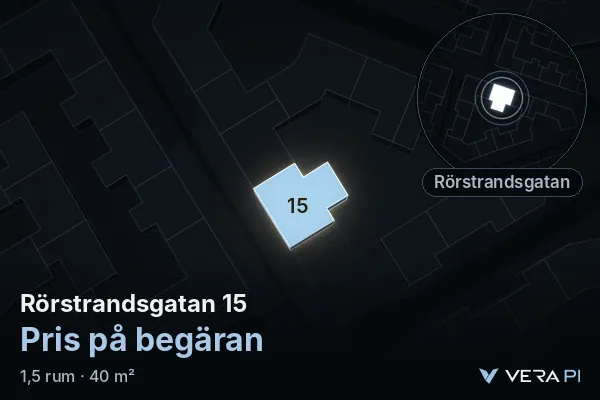VERA PI's image of Rörstrandsgatan 15: the building in 3D, lit in blue, and the map around it